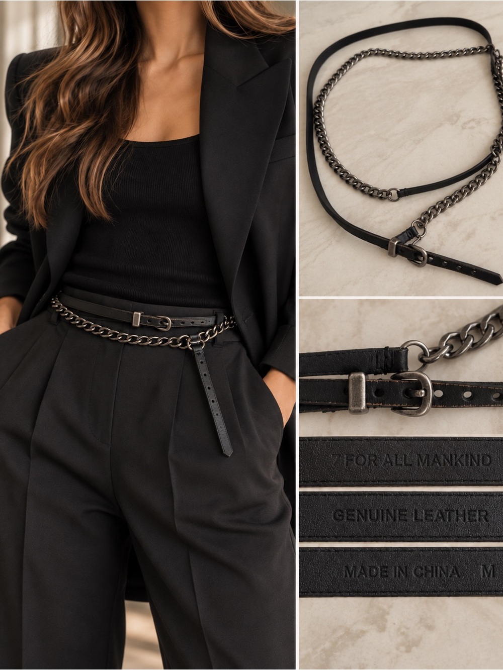 7 For All Mankind Black Leather Belt with Gunmetal Chain, size M